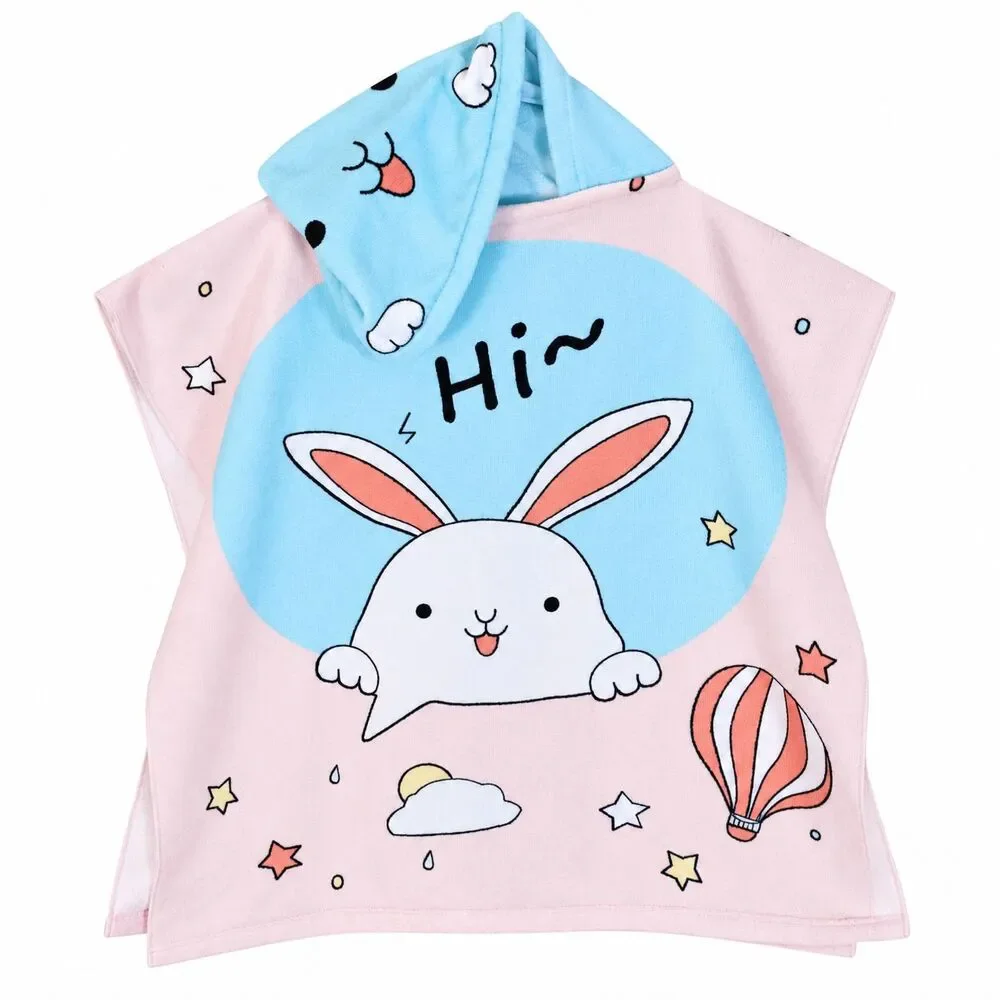 Kids Bunny Hooded Towel Pink Blue Microfiber Kawaii Rabbit Bath Beach Poncho 008